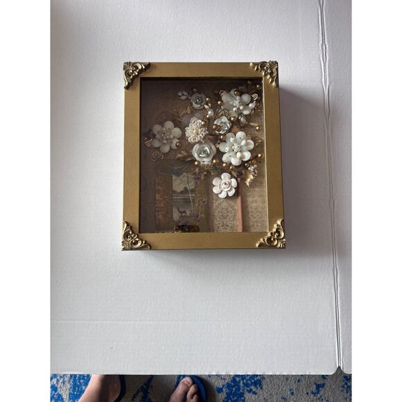 Vintage Gold Framed Flower Artwork With Pearls & Beads - Picture 4 of 10